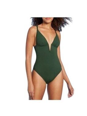 Shade & Shore Womens M Ribbed One Piece Swimsuit Green Ribbed Plunge Neckline